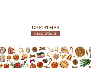 Hand drawn vintage Christmas seamless bottom border of holiday food and decorations in colored version, vector illustration