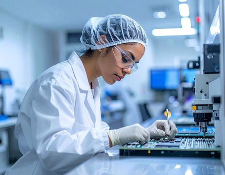 Focused female engineer working on circuit board in a cleanroom environment.