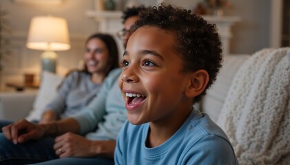 Close-up of an excited mixed-race boy watching tv at home. Happy child smiling while enjoying a movie with his family on the couch in the living room