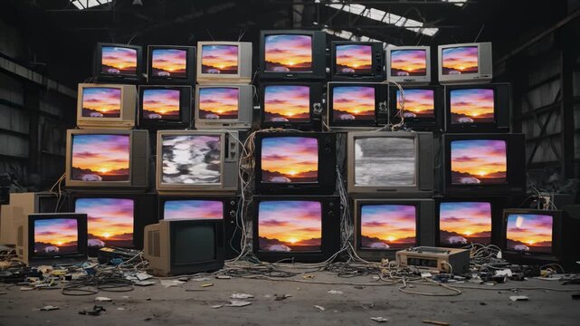 Pile of Old Televisions Display Sunset Scene in Abandoned Location