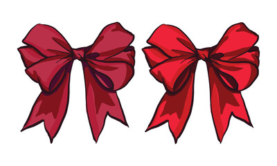 Red Ribbon Bows Set Hand Drawn Illustration Isolated on White