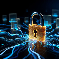 Digital padlock securing glowing data streams and futuristic cubes