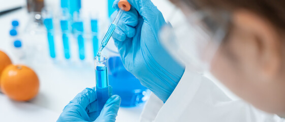 Scientist check chemical food residues in laboratory. Control experts inspect quality of vegetables  vegetables. lab, hazards, find prohibited substances, contaminate, Microscope, Microbiologist