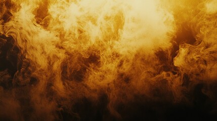 Smoke and fog on dark background with warm yellow tones, close-up swirling mist patterns, mysterious dark and intriguing ambiance, ideal for film and suspense-themed creative projects.
