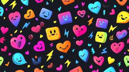 Colorful emoticons on a vibrant black background.