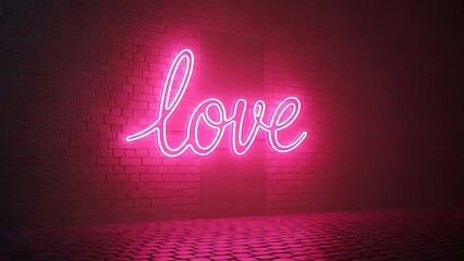 Pink neon sign spelling love glowing on a dark brick wall background