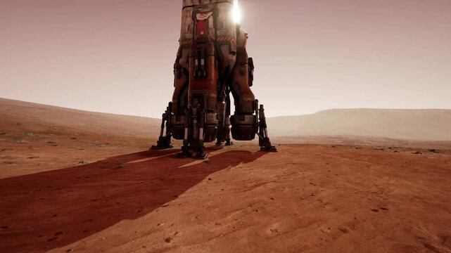 A base on Mars stands prominently, showcasing advanced landing equipment on the rough, red landscape. The environment radiates a serene, otherworldly atmosphere under the distant sun.