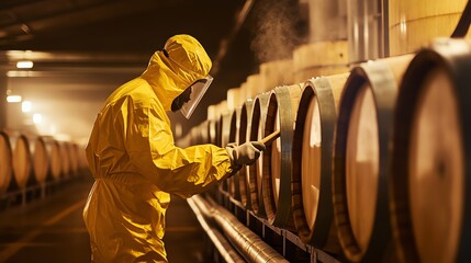 Worker inspecting barrels in industrial setting.