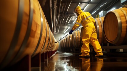 Worker tending to barrels in a wine cellar.