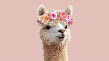 Naklejka premium Whimsical close-up portrait of alpaca with floral crown on soft pink background
