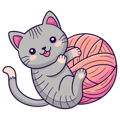 A cute, cartoon gray kitten with pink accents is playfully tangled in a large ball of pink yarn, with a happy expression.