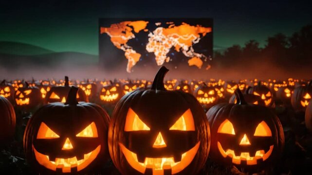 Spooky Halloween pumpkin patch with glowing jack o lanterns and world map background at night
