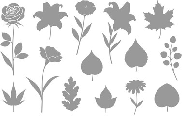 This image appears to be a set of grayscale botanical silhouettes—essentially flat, single-color shapes of flowers and leaves shown against