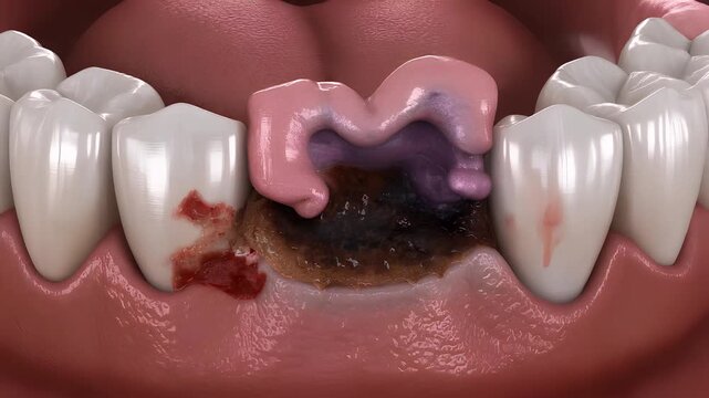 Close Up of Decayed Tooth with Gum Disease and Bleeding Sore
