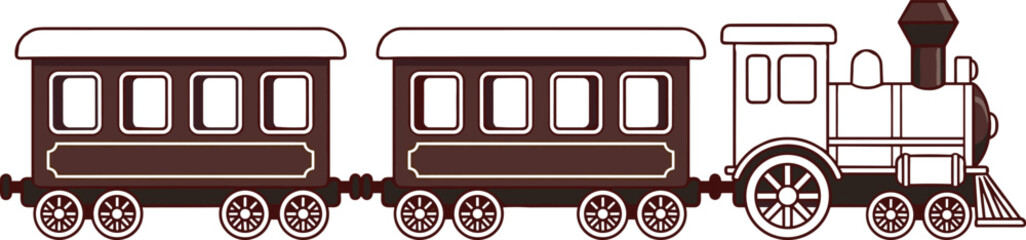Cartoon steam train illustration, vintage locomotive, passenger cars, retro transport design, children’s book graphic, travel icon, railway engine, classic style © MdMahmudul