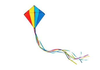 symmetrical diamond kite of red, yellow, and blue ripstop nylon, trailing dynamic satin ribbons (magenta, cyan, lime green) on a high-key studio white background, concept of summer freedom and