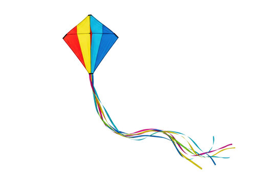 symmetrical diamond kite of red, yellow, and blue ripstop nylon, trailing dynamic satin ribbons (magenta, cyan, lime green) on a high-key studio white background, concept of summer freedom and