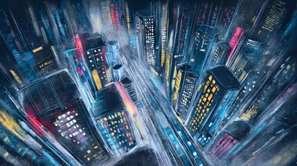 Vibrant cyberpunk metropolis watercolor illustration glowing neon lights futuristic city aerial view modern energy design