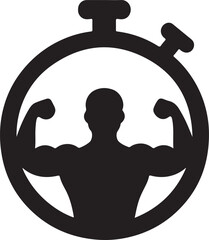 Muscular person flexing in stopwatch icon for fitness workout