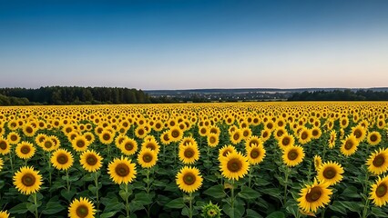 Vast field of blooming sunflowers under a clear blue sky at sunset