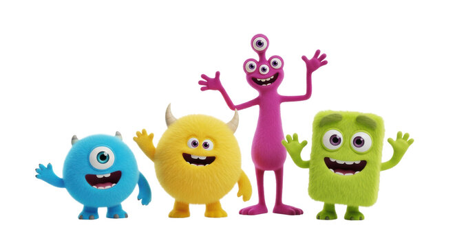 four distinct, colorful, furry 3d cartoon monsters cheerfully waving at the viewer, rendered against a transparent background with copy space. concept of playful brand mascots