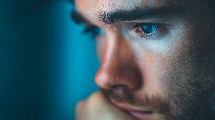 A close-up of a pensive young man, showcasing intense focus and emotion, with water droplets on his skin against a cool blue background.
