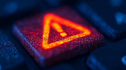 A close-up image of a glowing alert button on a keyboard, featuring a red triangle symbol, suggesting caution or an urgent notification.