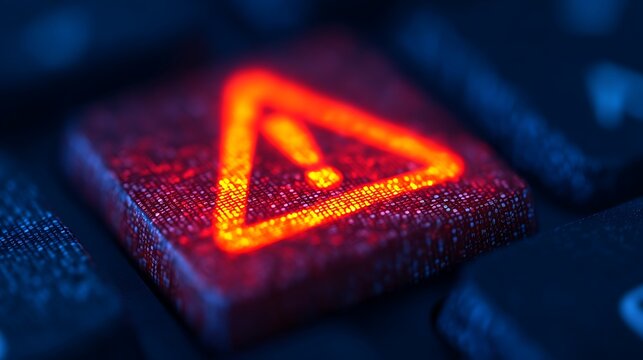 A close-up image of a glowing alert button on a keyboard, featuring a red triangle symbol, suggesting caution or an urgent notification. - Powered by Adobe