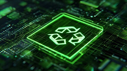 Futuristic green recycle icon on tech circuit board representing sustainable digital innovation