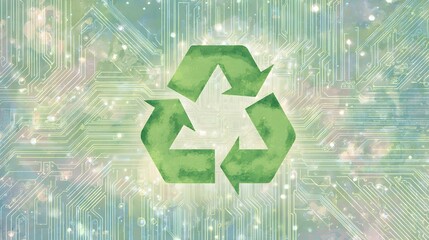 EcoTech Illustration Green Recycle Icon on Circuit Board Artistic Sustainability Concept