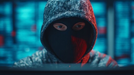 A hooded figure focuses intently on a computer screen, surrounded by blue-lit data, conveying a sense of mystery and digital intrigue.
