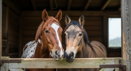 Two Gentle Horses Resting Together in a Warm Wooden Stable Embracing Calm Companionship