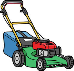Vibrant Green Push Lawn Mower with Blue Grass Catcher.