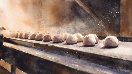 Warm bakery scene watercolor illustration of dough balls on a conveyor belt bread making process