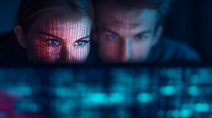 Two individuals intensely focused on a computer screen, illuminated by colorful binary code projections on their faces, suggesting a high-tech or digital theme.