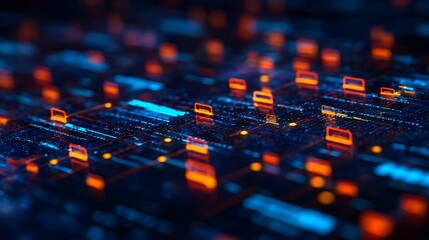 A vibrant digital network visualization featuring glowing nodes and connections, representing data flow and technology in a futuristic environment.