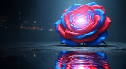 Luminous two-toned rose reflected in water