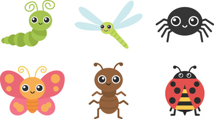 Cute cartoon insects set vector illustration isolated on white