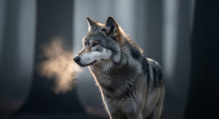 Majestic wolf in cold weather with visible breath
