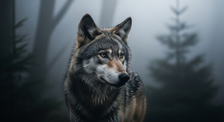 Majestic wolf portrait in foggy forest