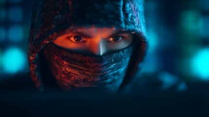 A focused figure wearing a hoodie and mask, staring intently at a computer screen, illuminated by colorful digital lights.