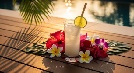 Refreshing cocktail with tropical flowers by a pool at sunset