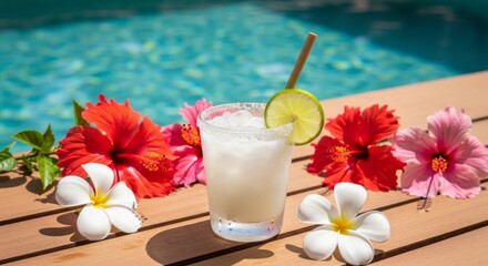Refreshing margarita cocktail with flowers by the pool