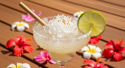 Refreshing margarita with lime and tropical flowers
