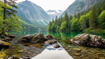 Serene alpine lake with clear water and rocky foreground