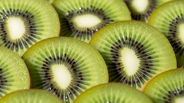 Close up of sliced kiwi fruit showing vibrant green flesh and black seeds - Powered by Adobe