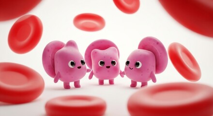 Three pink cartoon blood cells surrounded by red blood cells