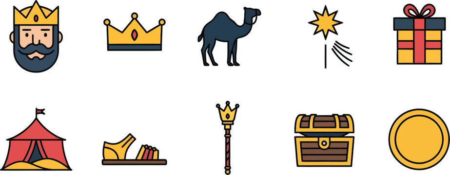 Epiphany icon collection featuring crowns, tent, shepherd staff, camel, star, gifts, coins, and symbols.