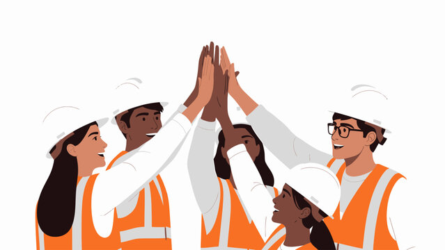 Diverse team of construction workers or engineers high-fiving, symbolizing teamwork and collaboration.
