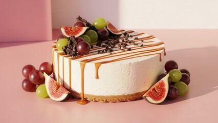 Elegant whole cheesecake drizzled with caramel sauce, garnished with fresh figs and green and red grapes, set against a soft pink background